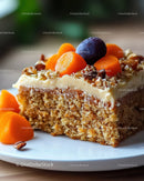 Carrot Cake Slice with Almond Topping and Fresh Fruit Garnish