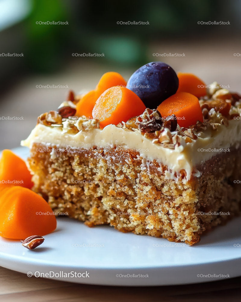 Carrot Cake Slice with Almond Topping and Fresh Fruit Garnish