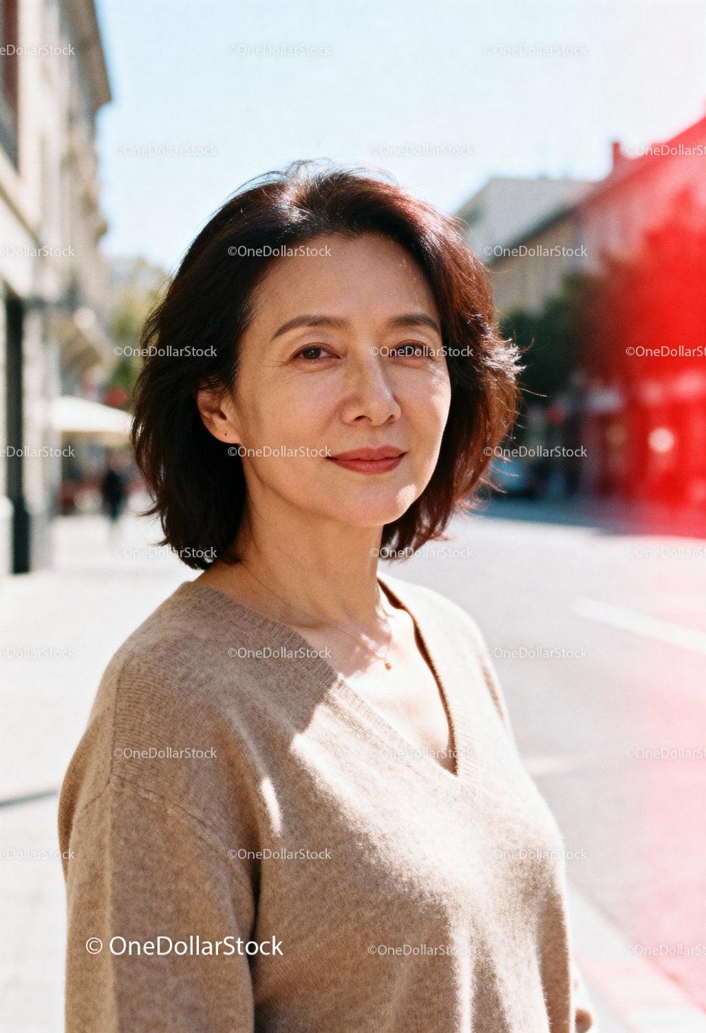 Confident middle-aged woman standing on sunny street