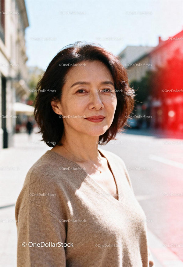 Confident middle-aged woman standing on sunny street