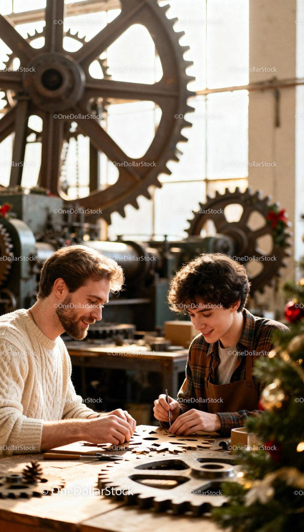Two men crafting wooden gears in a cozy workshop