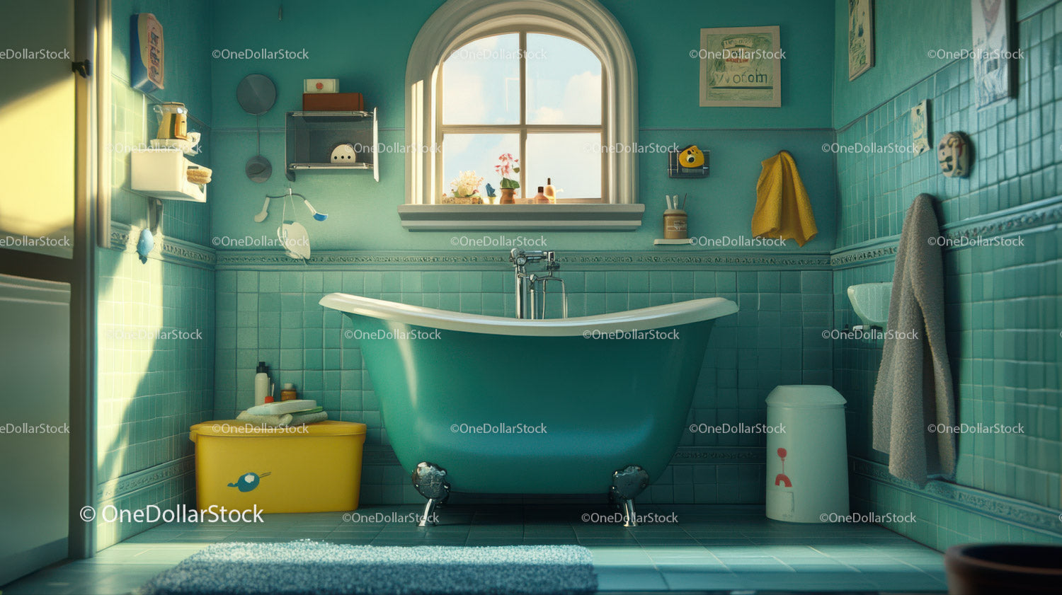 Bright Vintage Turquoise Bathroom with Clawfoot Bathtub and Natural Light