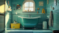 Bright Vintage Turquoise Bathroom with Clawfoot Bathtub and Natural Light