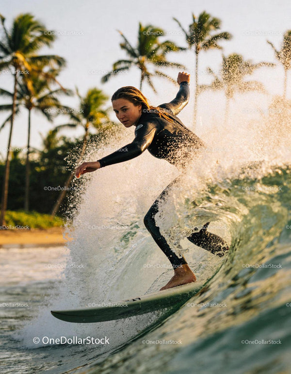 Focused Female Surfer Riding Ocean Wave at Sunset