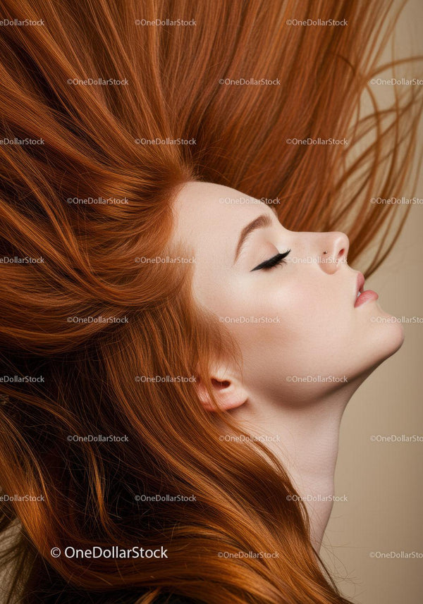 Profile of peaceful woman with flowing red hair