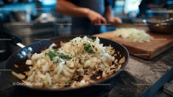 Onion Sauté in a Frying Pan with Kitchen Background