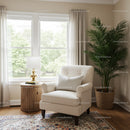 Elegant Living Room with Beige Armchair and Lush Green Plant