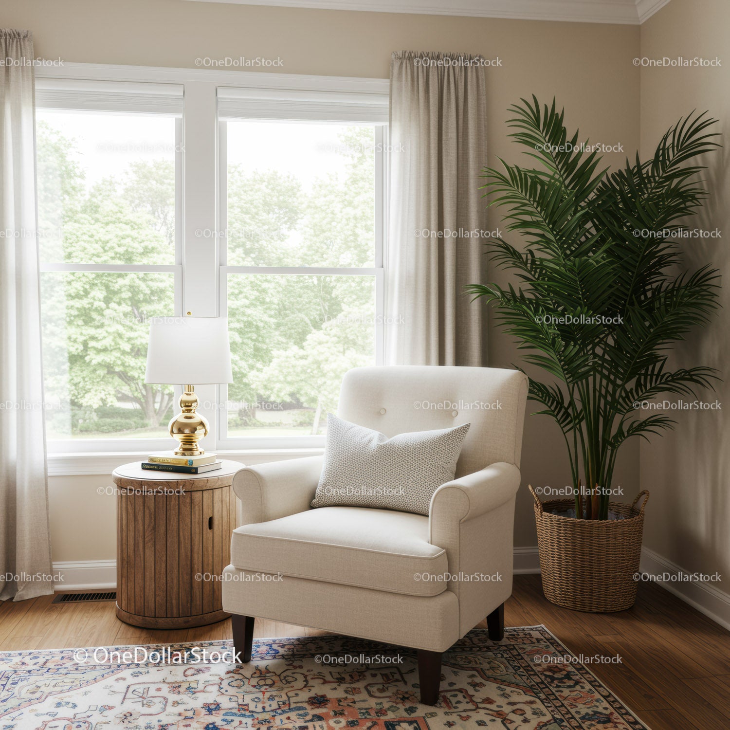 Elegant Living Room with Beige Armchair and Lush Green Plant