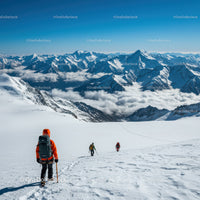 Snowy Mountain Range with Climbers and Blue Sky Panorama