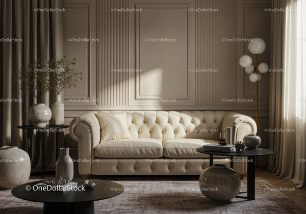 Cozy beige sofa in elegant living room interior