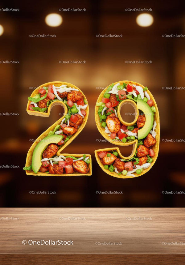 Numbers 29 Shaped as Fresh Mexican Taco Ingredients
