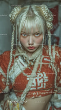 Edgy Young Woman with Braided Hair and Fierce Gaze in Street Style