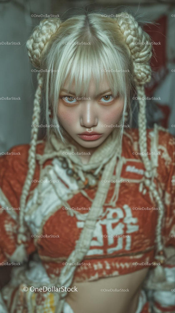 Edgy Young Woman with Braided Hair and Fierce Gaze in Street Style