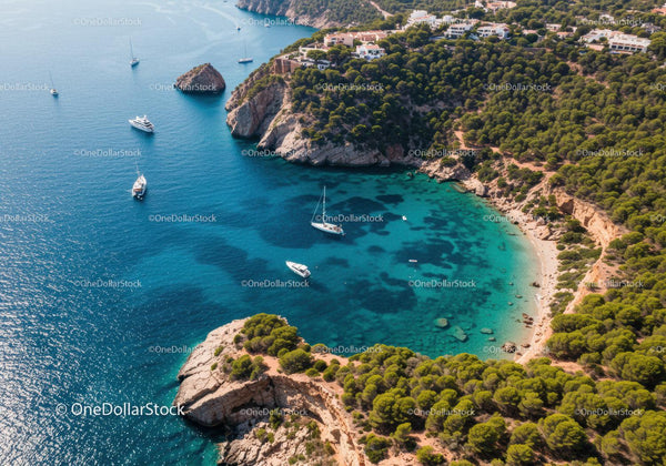 Scenic Coastal Cove with Sailboats and Pine-Clad Cliffs Under Sunny Sky