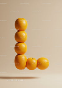 Letter L formed with stacked fresh oranges on beige