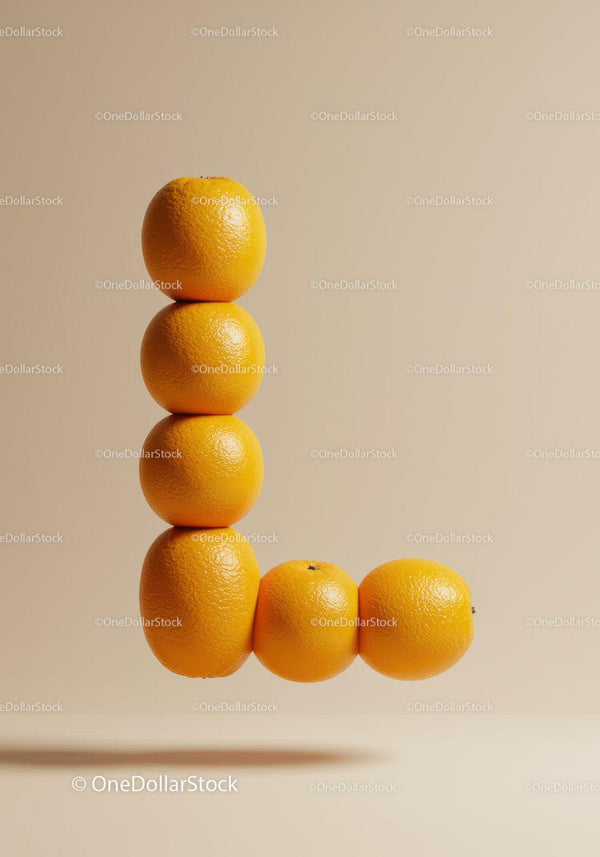 Letter L formed with stacked fresh oranges on beige