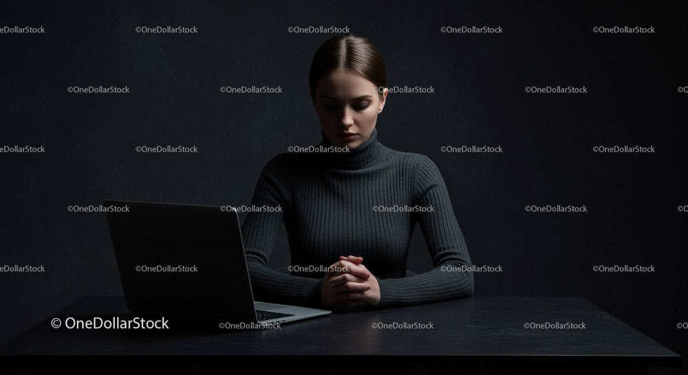 Thoughtful Woman at Laptop in Dark Modern Workspace