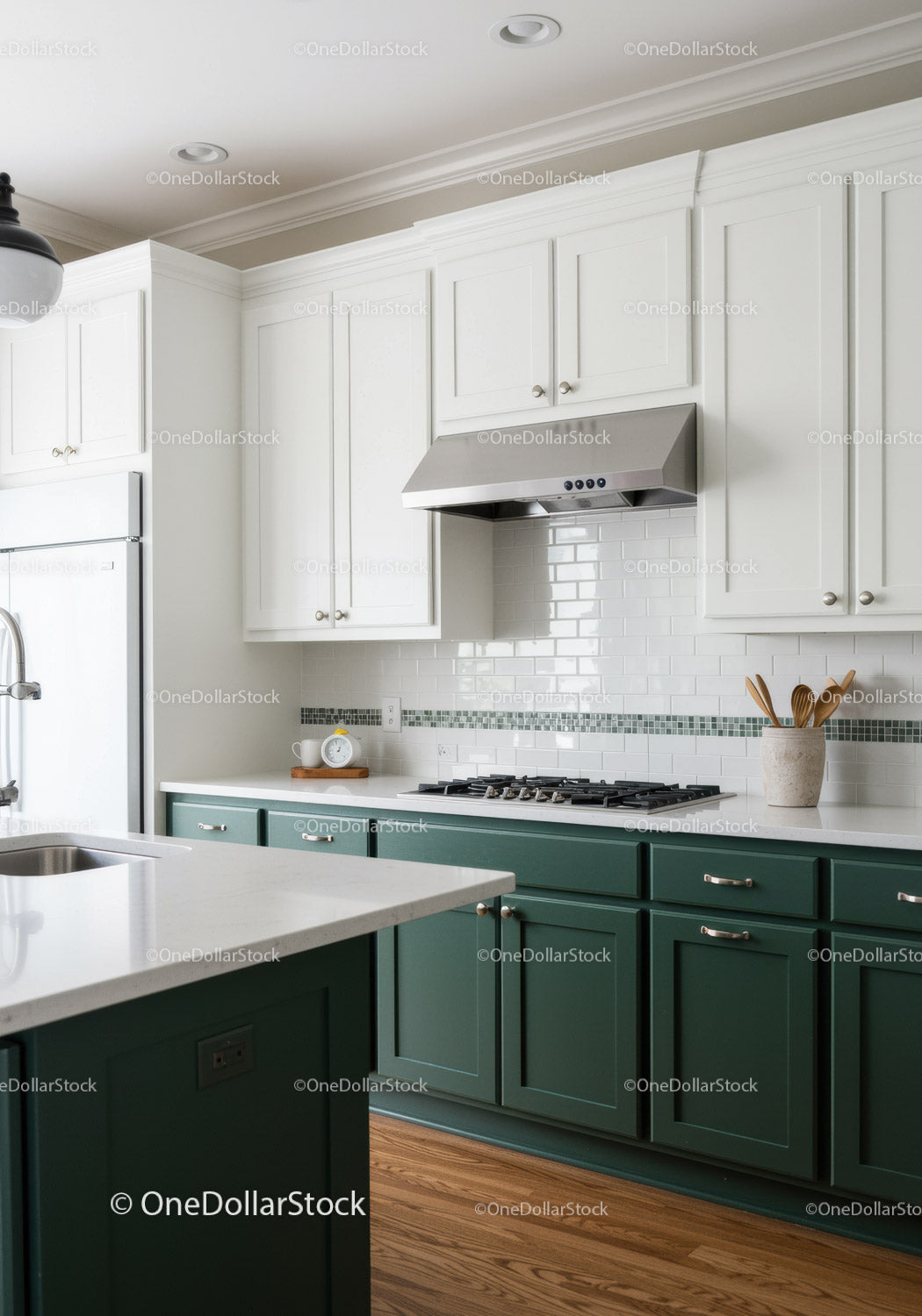 Contemporary Kitchen With White Cabinets Green Lower Cabinets and Stainless Steel Range Hood
