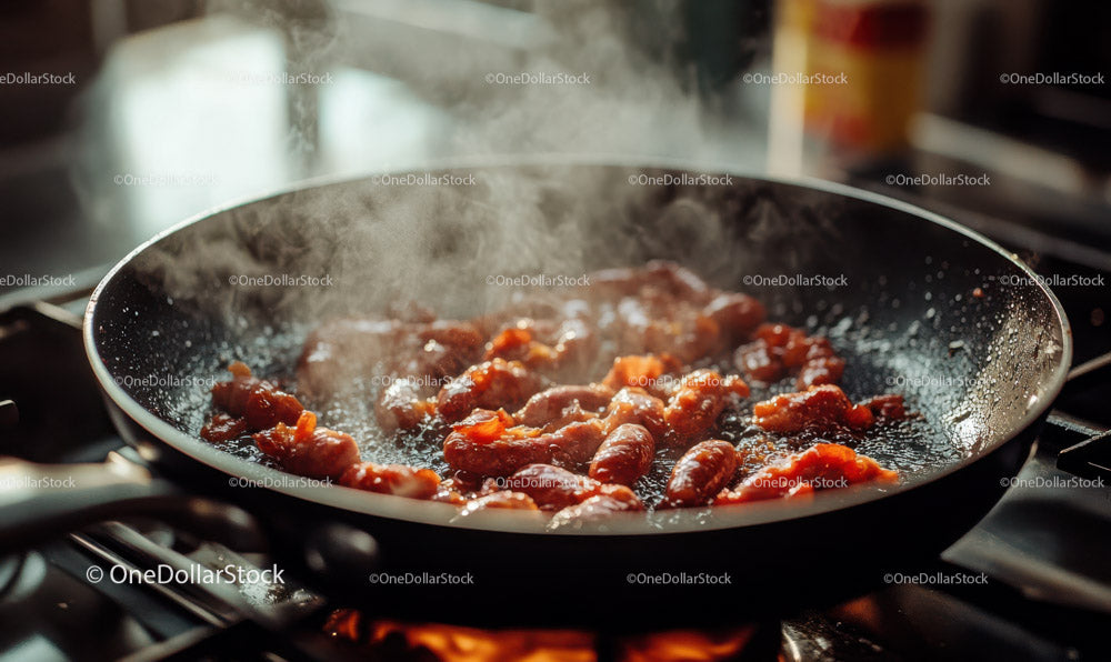 Sizzling Sausages in Frying Pan Cooking on Stove Kitchen Scene