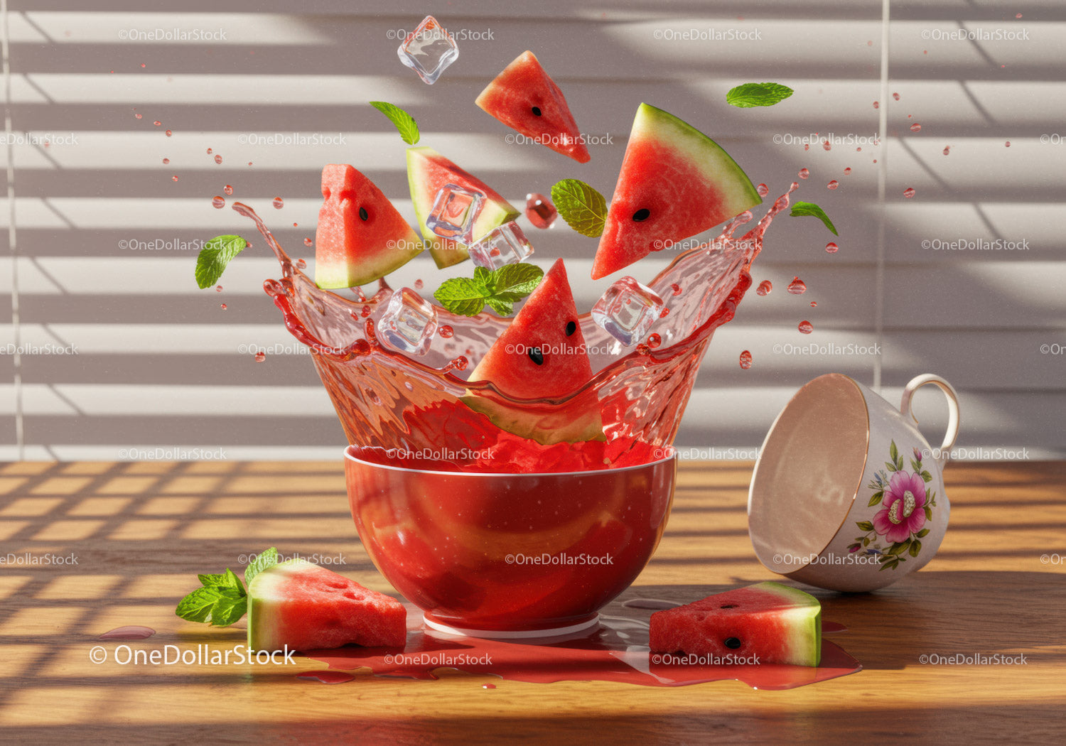 Watermelon slices splash with ice and fresh mint leaves