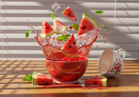 Watermelon slices splash with ice and fresh mint leaves