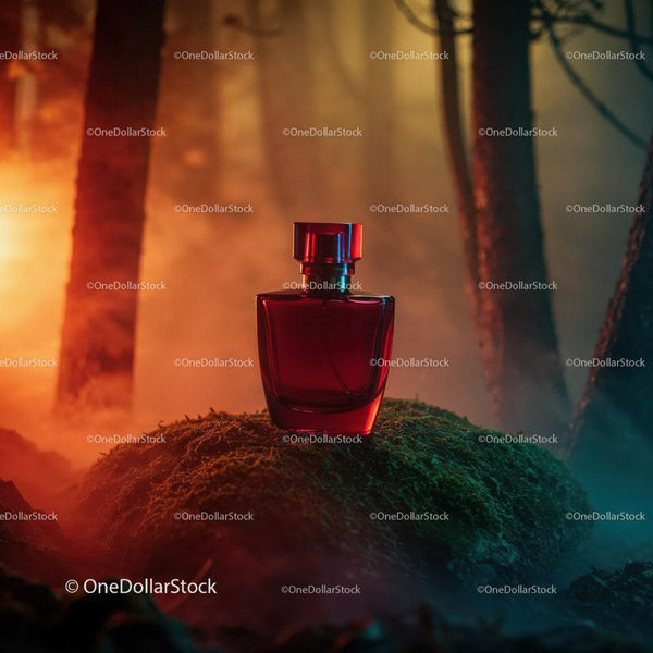 Red Perfume Bottle in Enchanted Forest with Moody Lighting JPG Mockup Image
