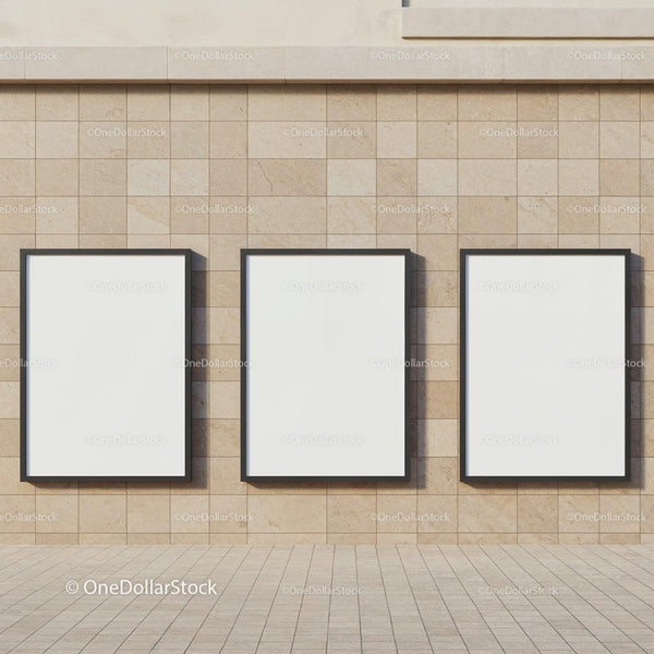 Three Blank Vertical Frames on Stone Wall Exterior JPG Mockup Image