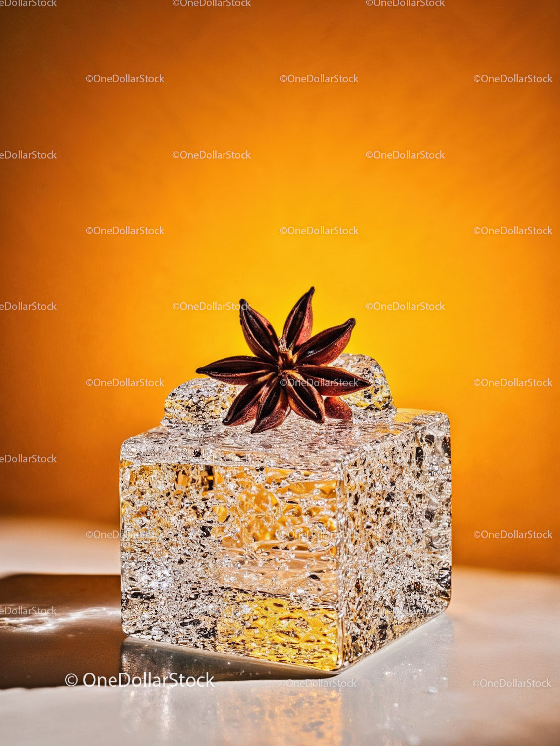Star Anise on Transparent Ice Cube with Warm Background