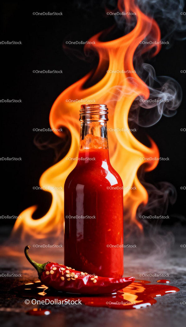 Butelka ognistego sosu i papryczka chili z płomieniami