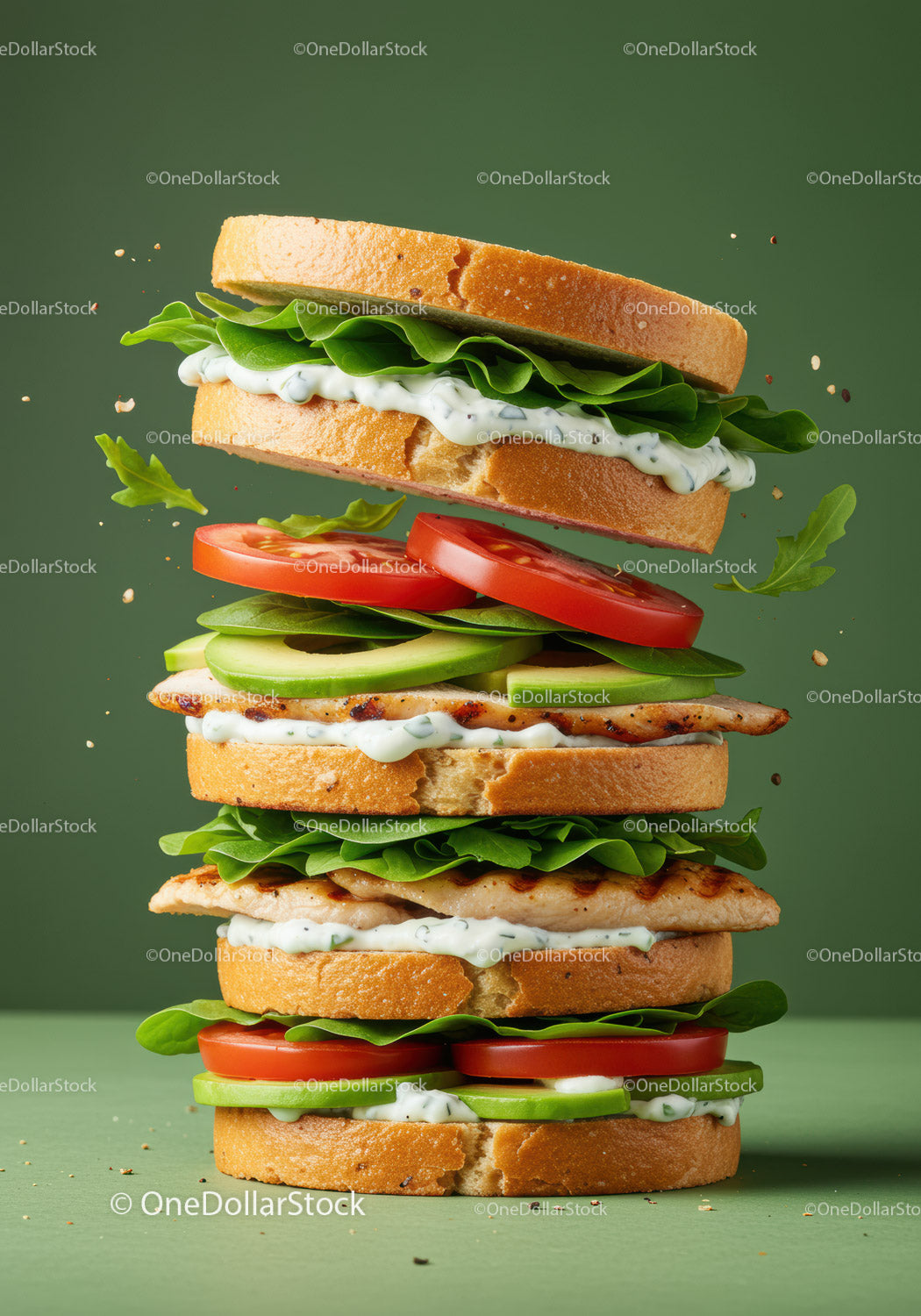 Stacked grilled chicken sandwich with fresh vegetables