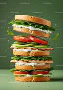 Stacked grilled chicken sandwich with fresh vegetables