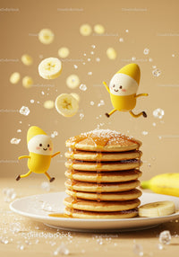 Stack of fluffy pancakes with syrup and playful banana characters