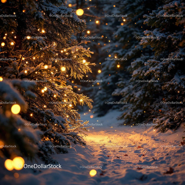Snowy forest path with glowing festive lights