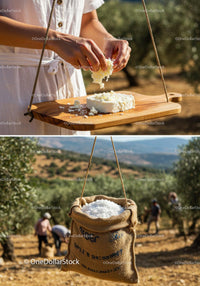 Fresh handmade cheese crafted in sunlit olive grove