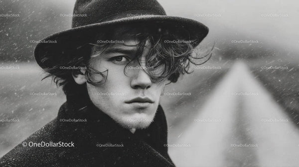 Monochrome Portrait of a Young Man in Rain with Intense Expression
