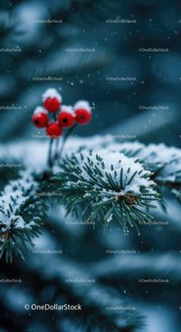 Snow-covered pine needles with bright red berries