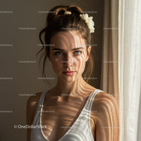 Elegant Portrait of a Young Woman with Blue Eyes and Sunlight Shadows