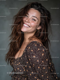 Portrait of a Smiling Woman in Floral Dress with Wavy Hair
