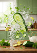 Fresh cucumber and ginger splash in kitchen setting