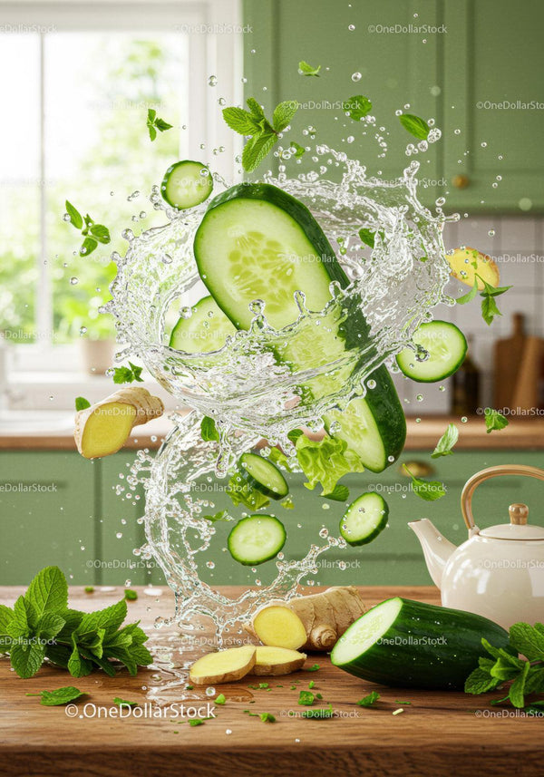 Fresh cucumber and ginger splash in kitchen setting