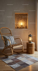 Cozy rattan rocking chair with warm lantern lighting