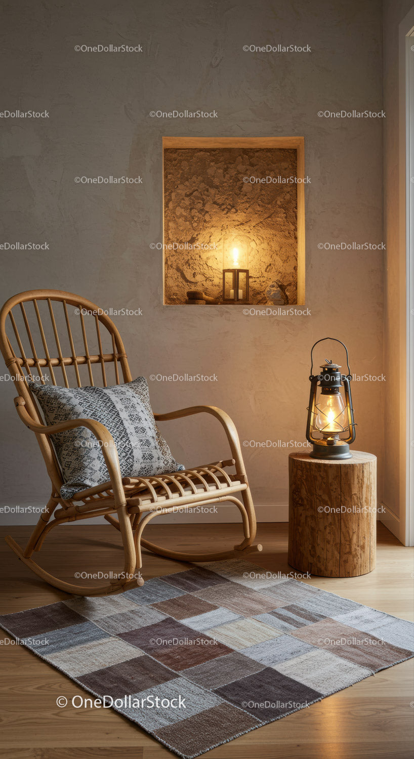 Cozy rattan rocking chair with warm lantern lighting