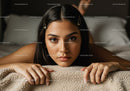 Young Woman with Dark Hair and Expressive Eyes Resting on Soft Blanket