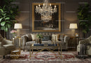Elegant classic living room with velvet sofa and chandelier