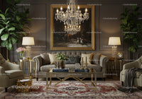 Elegant classic living room with velvet sofa and chandelier