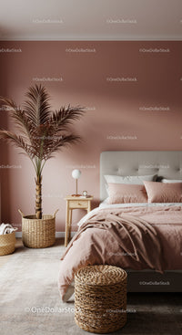 Elegant Modern Bedroom with Blush Pink Walls and Large Indoor Plant