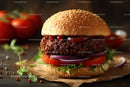 Juicy beef burger with fresh vegetables on rustic surface