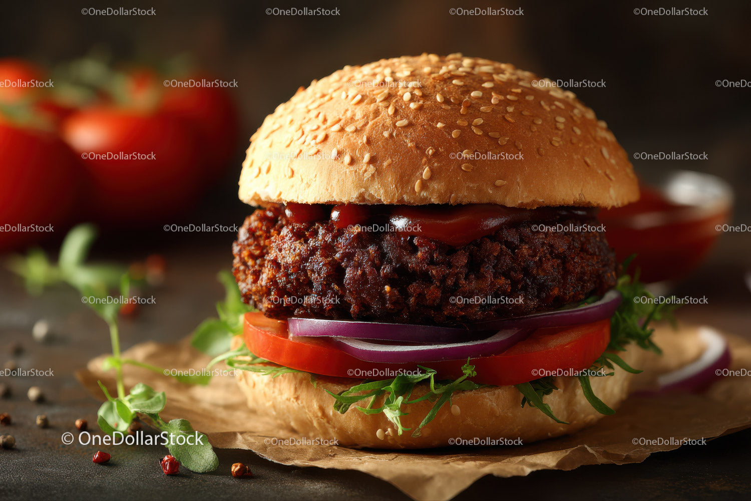 Soczysty burger wołowy ze świeżymi warzywami na rustykalnej powierzchni