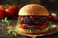 Juicy beef burger with fresh vegetables on rustic surface