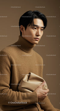 Elegant Young Man in Beige Turtleneck Holding Beige Handbag